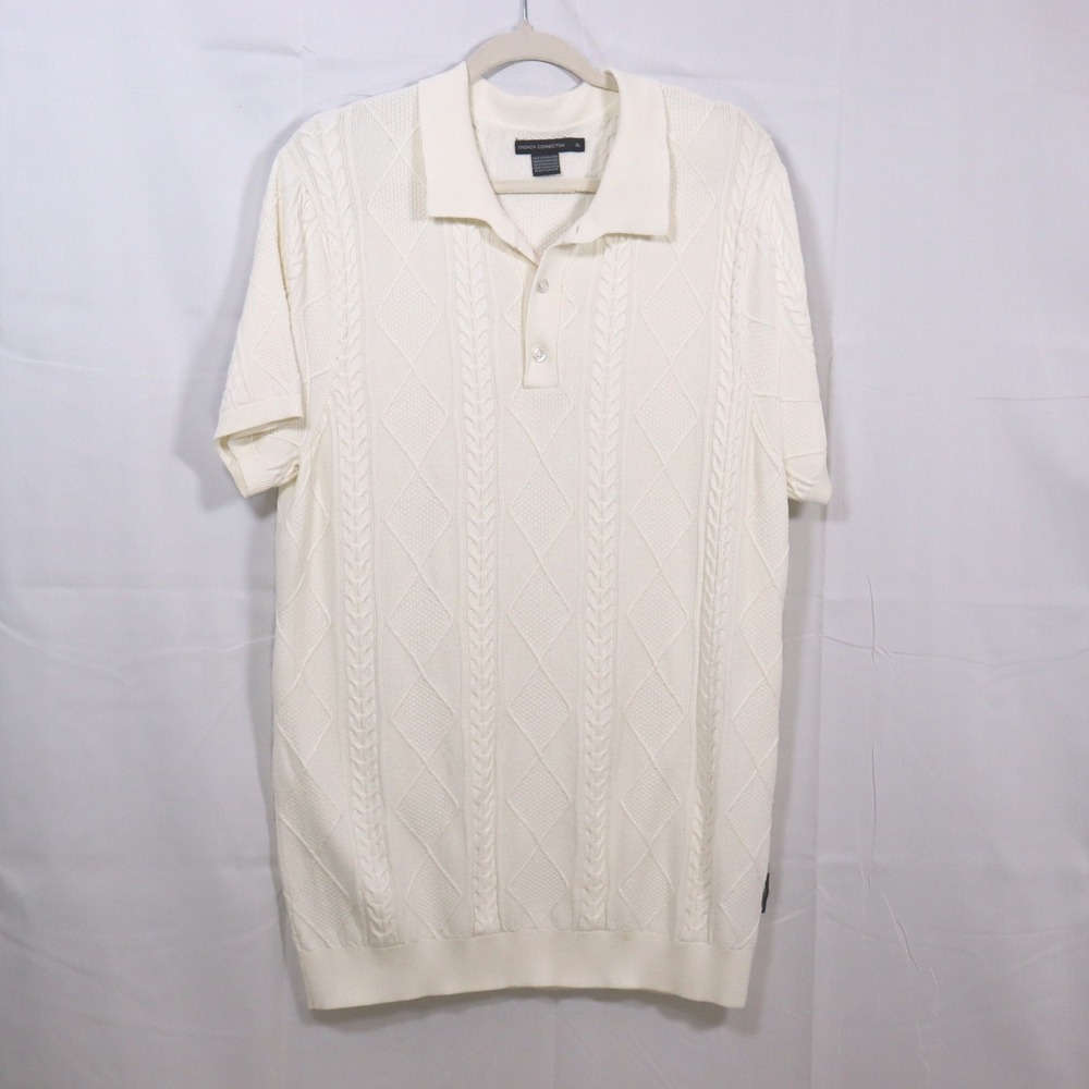 French Connection Knit Polo XL White‎ Mens Cable Knit Short Sleeve Sweater